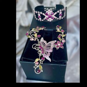 Sparkling Purple Butterfly Statement Necklace & Rhinestone Bracelet Set